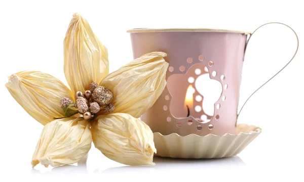 Decoratieve metalen lantern en kunstmatige bloem, geïsoleerd op wit — Stockfoto