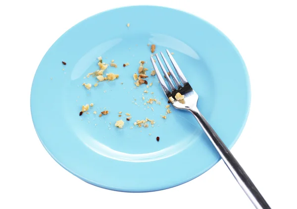Plate with crumbs and used fork, close-up, on white background — Stock Photo, Image