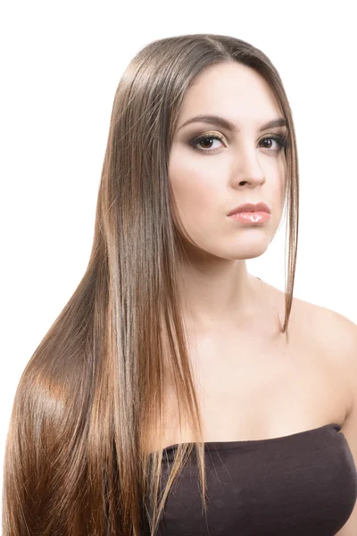 Vacker ung kvinna med långt hår isolerad på vit — Stockfoto