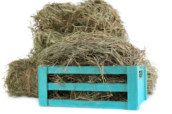 Hay in wooden crate, isolated on white — Stock Photo, Image