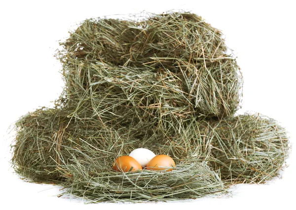 Heno con huevos, aislado sobre blanco —  Fotos de Stock