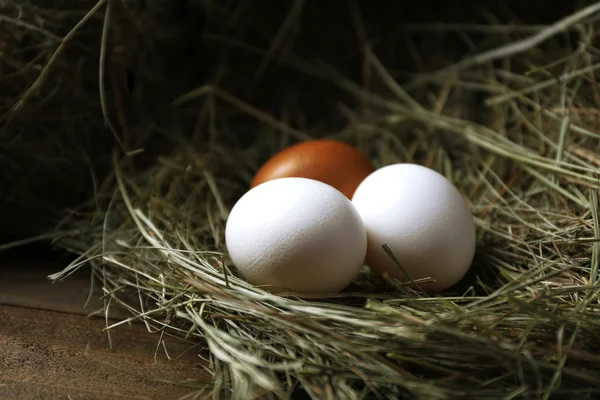 Huevos sobre heno, sobre fondo marrón — Foto de Stock
