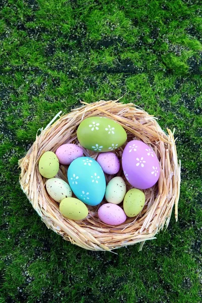 Easter eggs in nest on green grass background — Stock Photo, Image