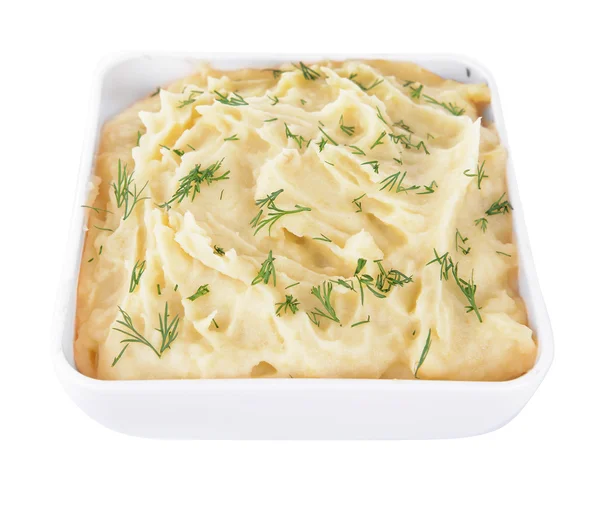 Delizioso purè di patate con verdure in ciotola isolato su bianco — Foto Stock