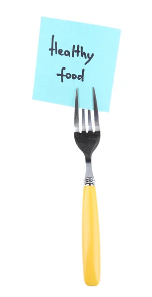 Note paper with message  attached to fork, isolated on white — Stock Photo, Image