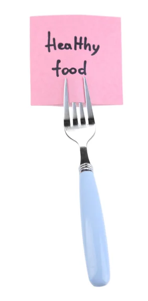 Papel de nota com mensagem anexada ao garfo, isolado sobre branco — Fotografia de Stock