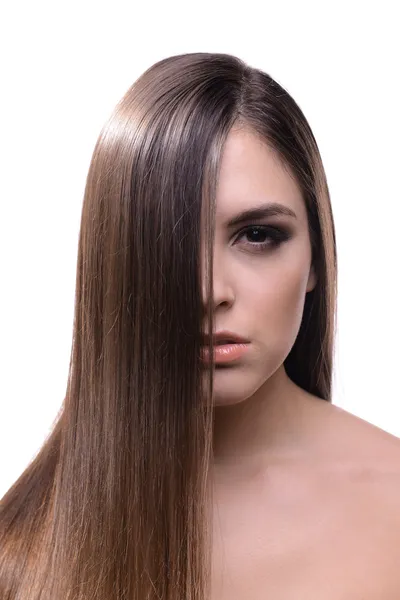 Belle jeune femme aux cheveux longs isolé sur blanc Images De Stock Libres De Droits