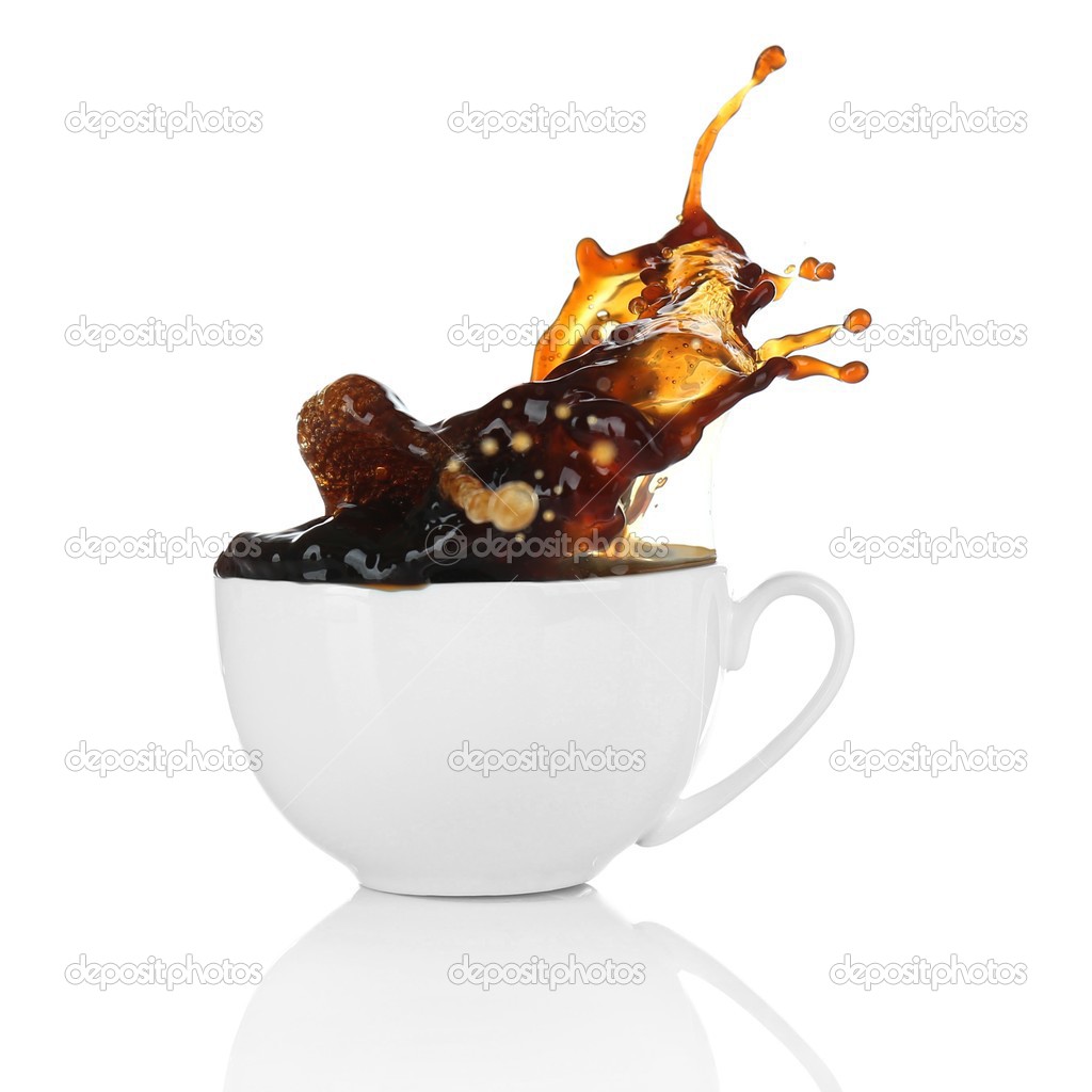 Pour coffee into cup with splash, isolated on white