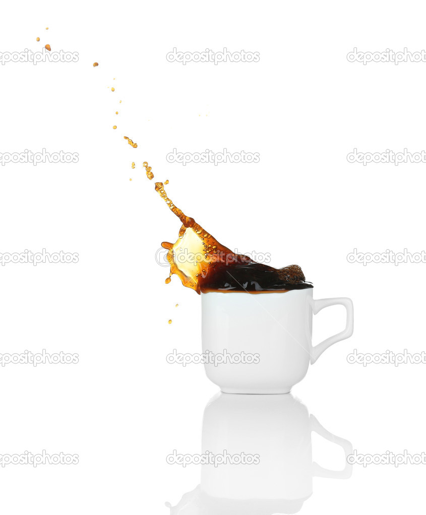 Pour coffee into cup with splash, isolated on white