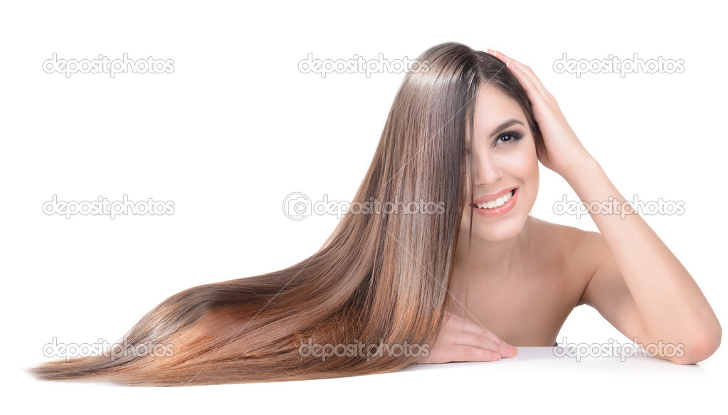 Beautiful young woman with long hair isolated on white