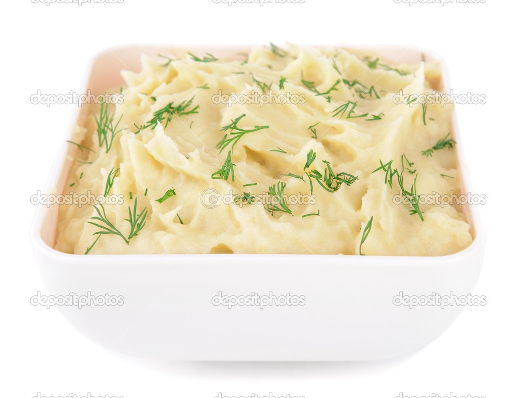 Delicious mashed potatoes with greens in bowl isolated on white 