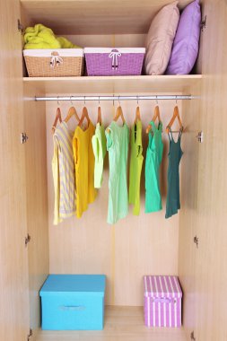 Female clothes on hangers in wardrobe
