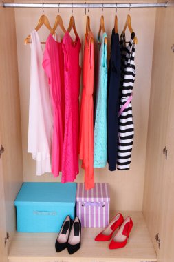 Female clothes on hangers in wardrobe