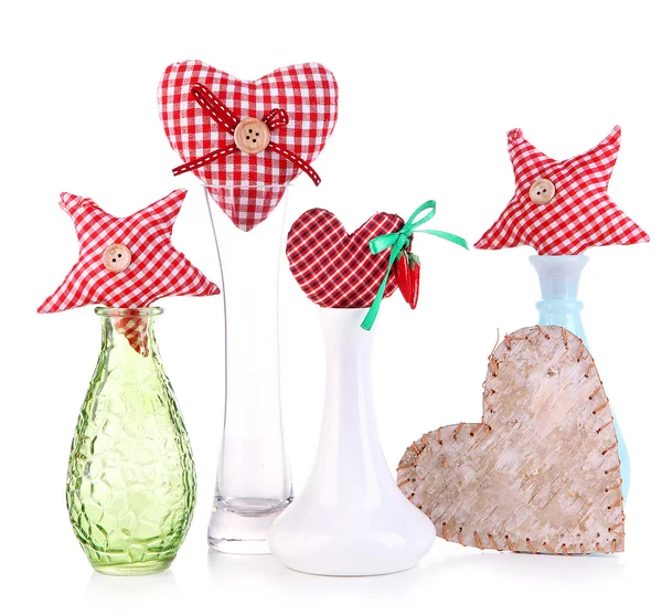 Hand-made textile hearts in different vases, isolated on white — Stock Photo, Image