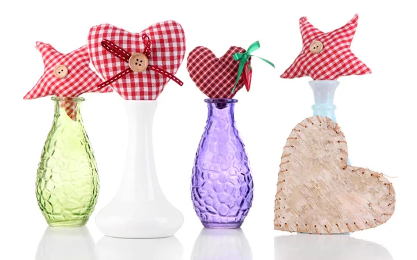 Hand-made textile hearts in different vases, isolated on white — Stock Photo, Image