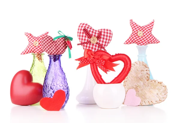 Hand-made textile hearts in different vases, isolated on white — Stock Photo, Image