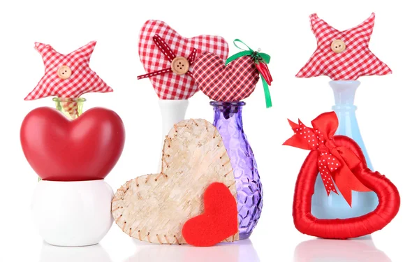 Hand-made textile hearts in different vases, isolated on white — Stock Photo, Image