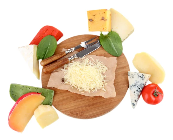 Different Italian cheese on wooden board, isolated on white — Stock Photo, Image