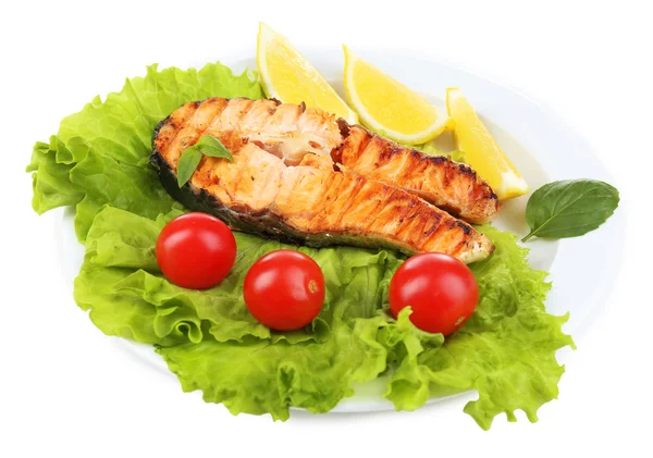 Tasty grilled salmon with vegetables, isolated on white — Stock Photo, Image