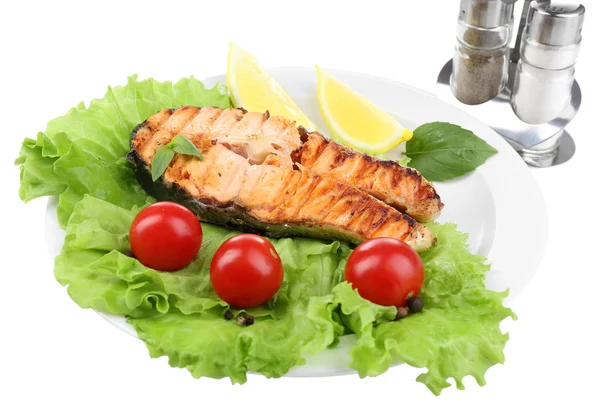 Tasty grilled salmon with vegetables, isolated on white — Stock Photo, Image