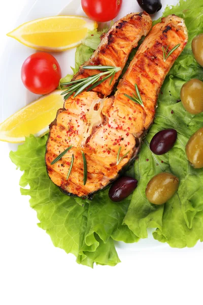 Tasty grilled salmon with vegetables, isolated on white — Stock Photo, Image