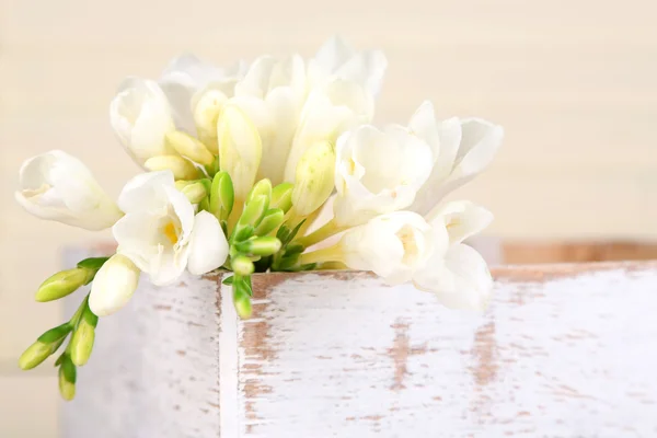 Beautiful freesias in wooden box — Stock Photo, Image