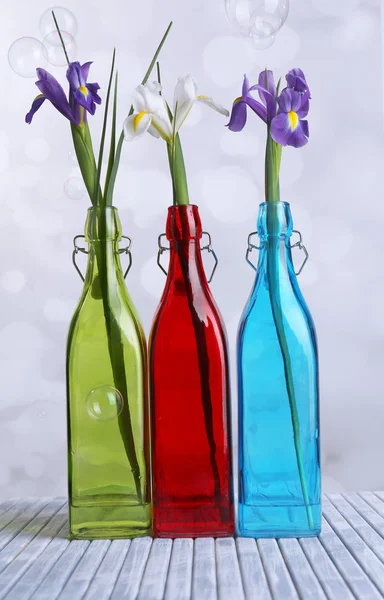 Lindas íris e narcisos em garrafas, sobre fundo claro — Fotografia de Stock
