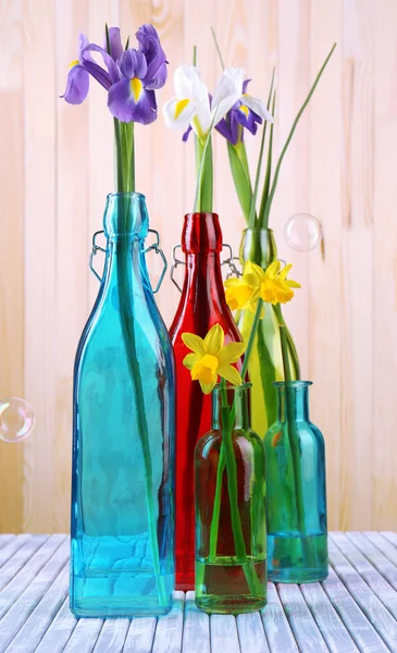 Beautiful irises and daffodils in bottles, on wooden background — Stock Photo, Image
