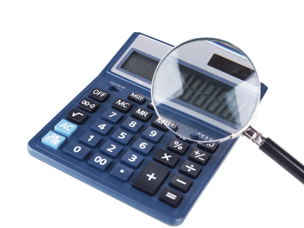 Fraud concept with magnifier and calculator, isolated on white — Stock Photo, Image