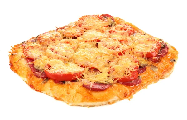 Pizza fatta in casa su carta da forno isolata su bianco — Foto Stock