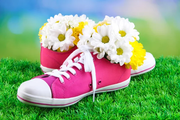 Hermosos zapatos de goma con flores en el interior sobre hierba verde, sobre fondo brillante —  Fotos de Stock
