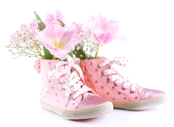 Hermosos zapatos de goma con flores en el interior, aislados en blanco —  Fotos de Stock