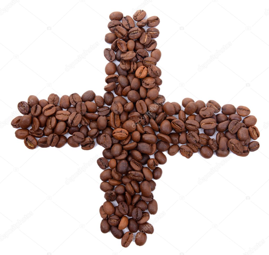 Plus sign of coffee beans isolated on white