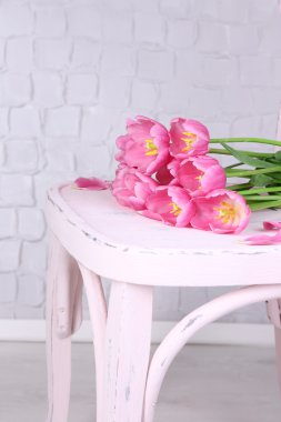 Gri duvar zemininde güzel pembe laleler