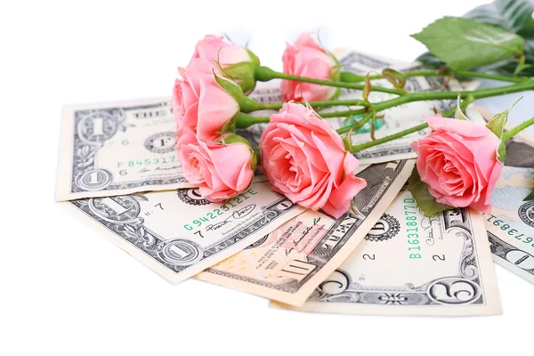 Beautiful roses and money, isolated on white — Stock Photo, Image
