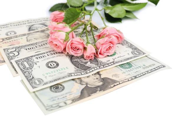 Piękne róże i pieniędzy, na białym tle — Zdjęcie stockowe