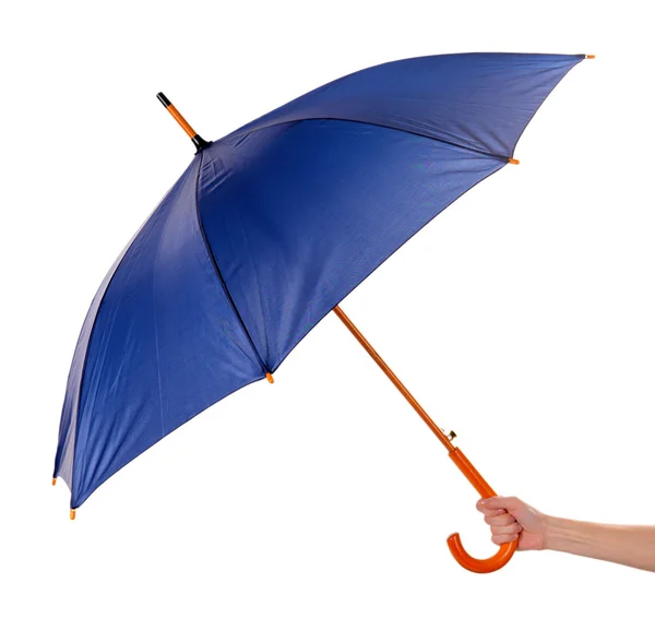 Blue Umbrella in hand isolated on white — Stock Photo, Image