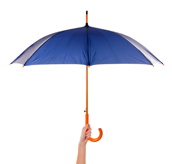 Blue Umbrella in hand isolated on white — Stock Photo, Image