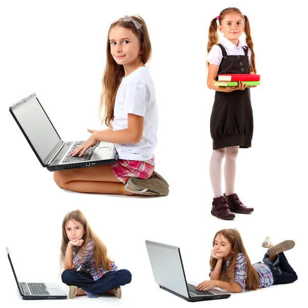 笔记本电脑和书上白色孤立的漂亮女孩 — 图库照片