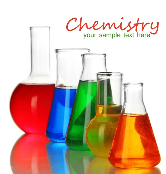 Tubos de ensaio com líquidos coloridos isolados a branco — Fotografia de Stock