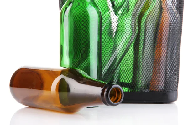 Glass bottles in recycling bin close up — Stock Photo, Image