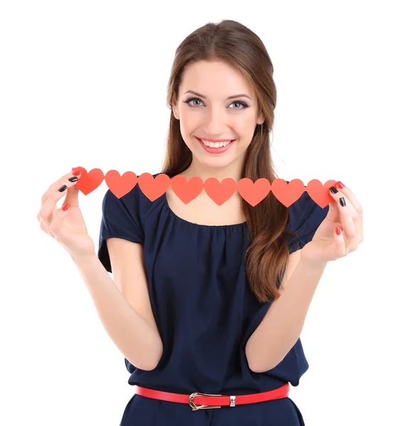 Attractive woman with with paper garland, isolated on white — Stock Photo, Image