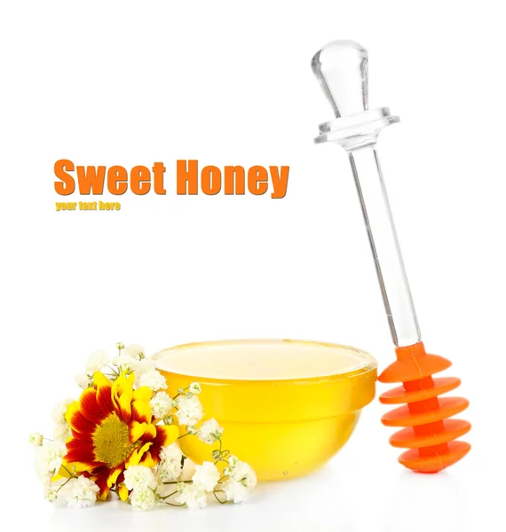 Sweet honey in glass bowl isolated on white — Stock Photo, Image