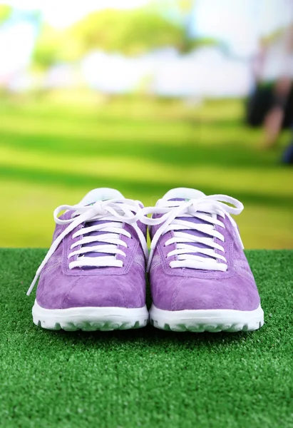 Vackra joggingskor på grönt gräs, på ljus bakgrund — Stockfoto