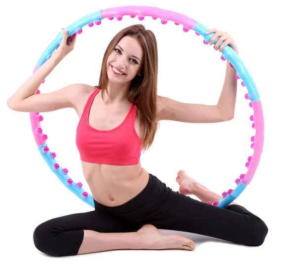 Kadın ile üzerine beyaz izole hula hoop egzersizleri yapıyor — Stok fotoğraf