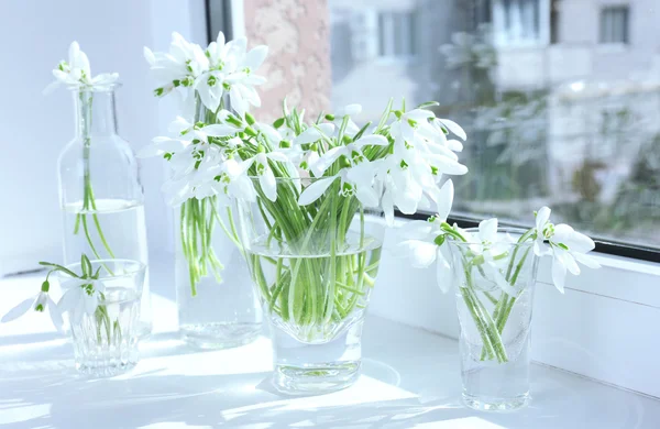 Beautiful bouquets of snowdrops in vases on windowsill — Stock Photo, Image