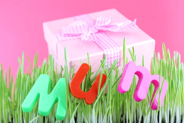 Gift box for mum on grass on color background — Stock Photo, Image