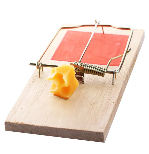 Mousetrap met kaas geïsoleerd op wit — Stockfoto