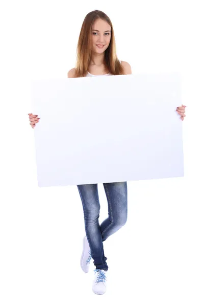 Beautiful young woman holding blank poster isolated on white — Stock Photo, Image