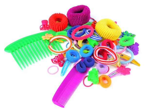 Colorful comb,barrette and Scrunchy isolated on white — Stock Photo, Image